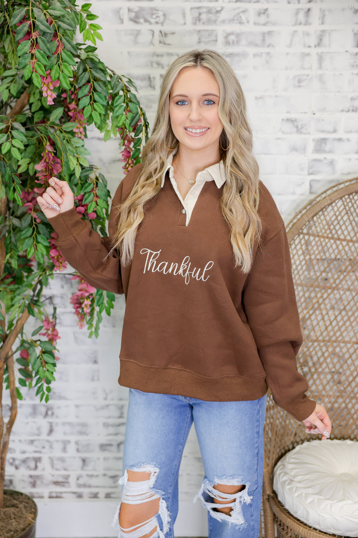 'Thankful' Embo Detail Fleece French Terry Sweatshirt