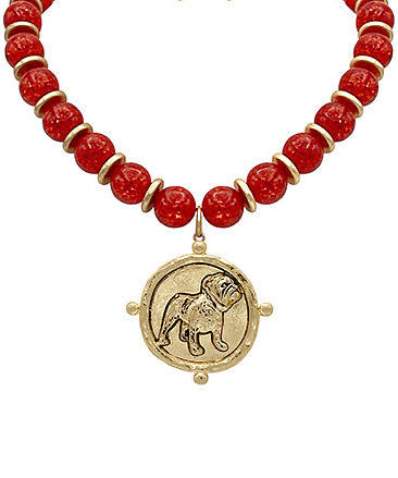 Gameday Bulldog & Bead Necklace "Red"