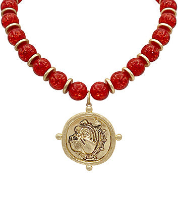 Bulldog Face & Bead Necklace "Red"