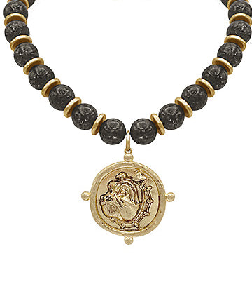 Bulldog Face & Bead Necklace "Black"