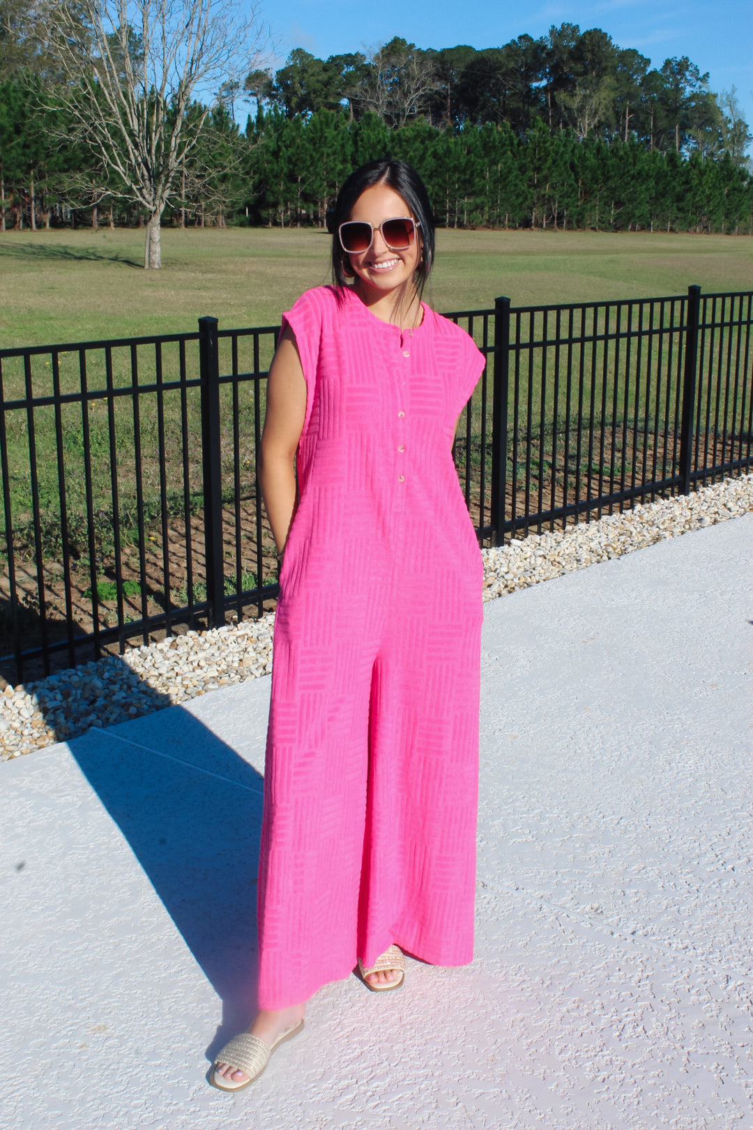 Textured Terry Sleeveless Jumpsuit "Hot Pink"