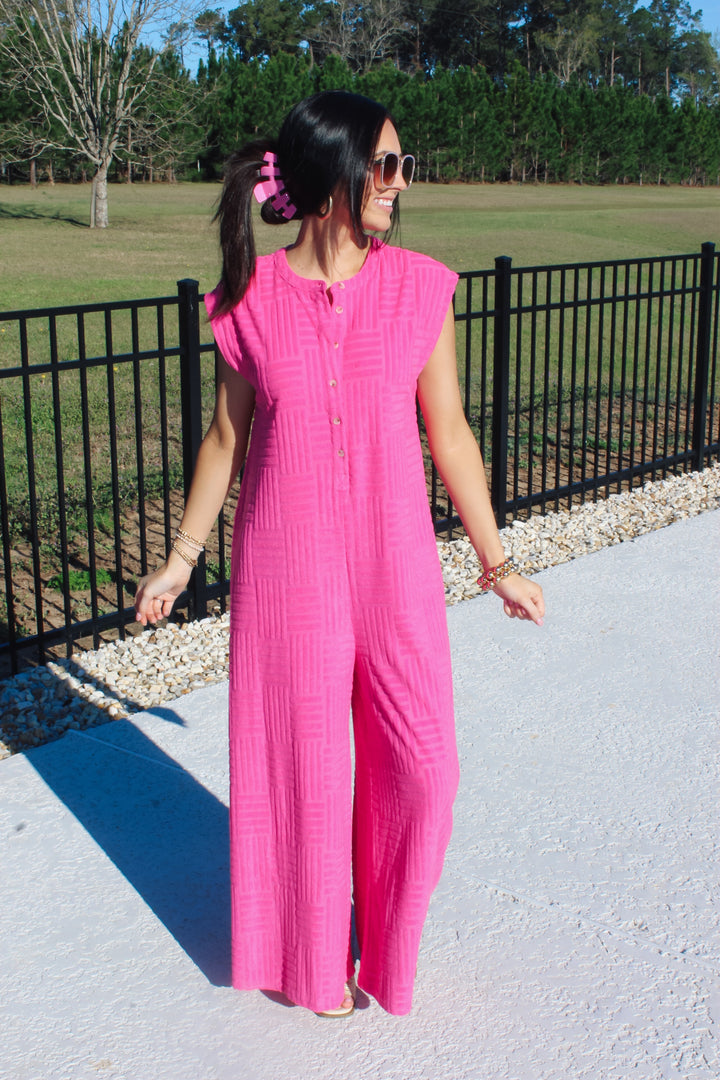 Textured Terry Sleeveless Jumpsuit "Hot Pink"