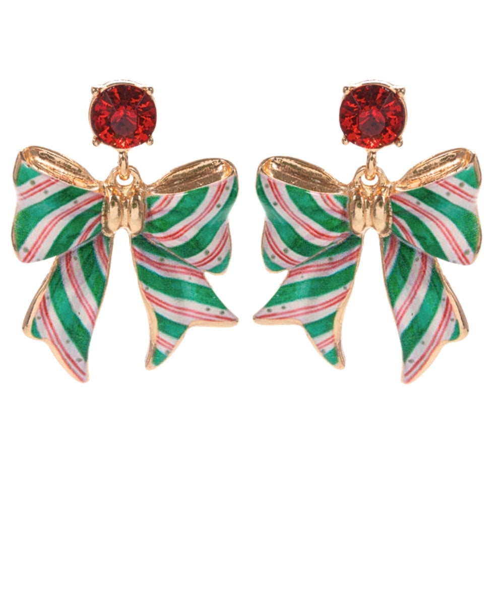 Christmas Bow & Stone Earrings "Green/White"