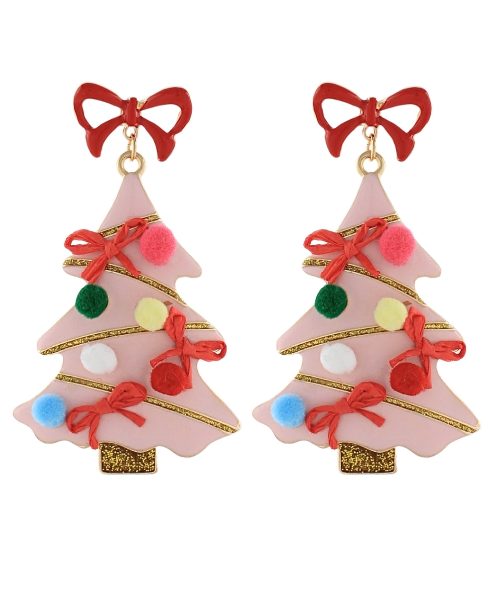 Christmas Tree W/ POMPOM Earrings "Pink/Red"