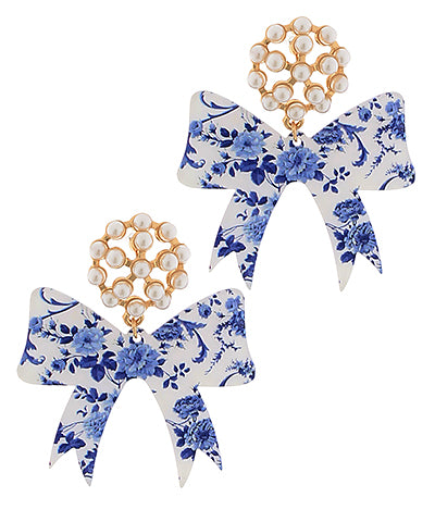 Blue and White Bow Earrings