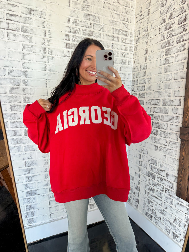 'Georgia' Embroidered Mock Neck Sweatshirt "Red"