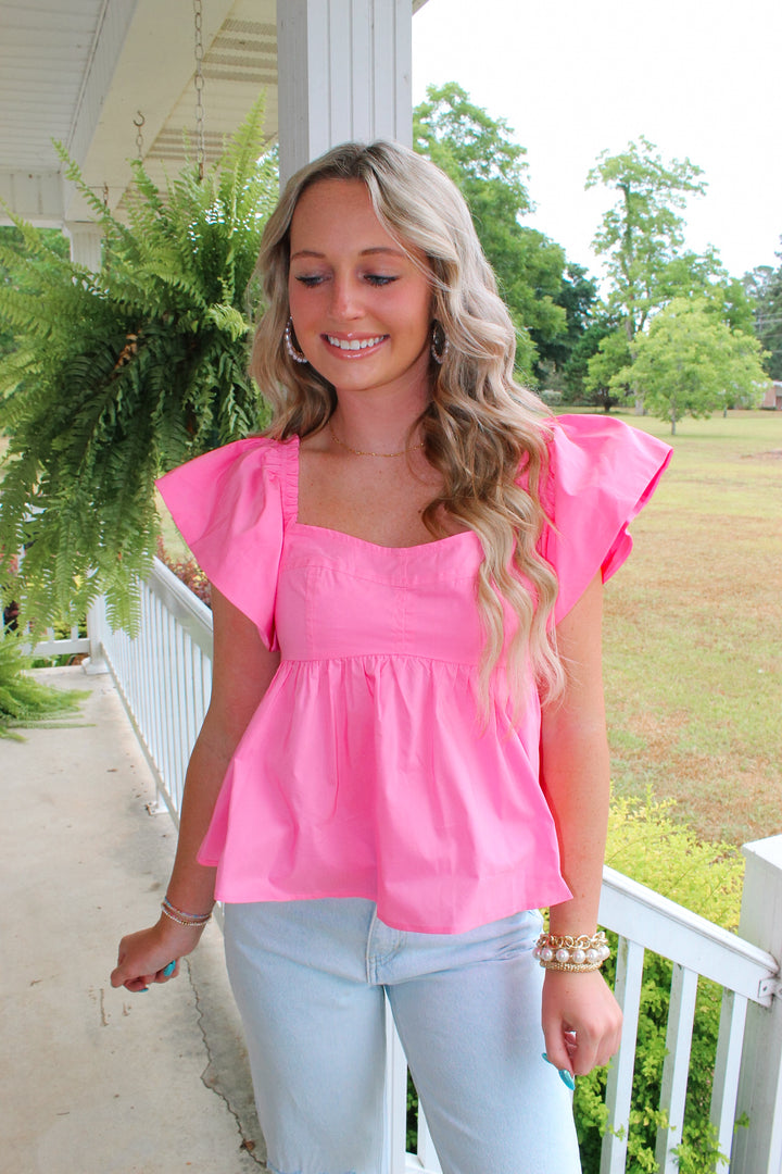 Ruffle Sleeve Peplum Top "Pink"