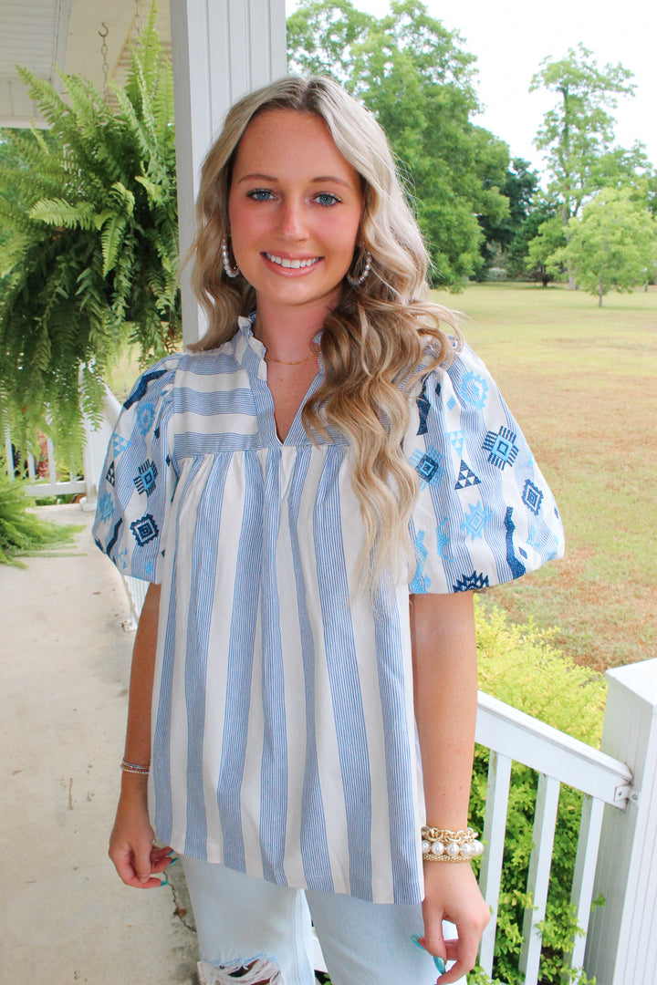 Blue and Beige Embroidered Top