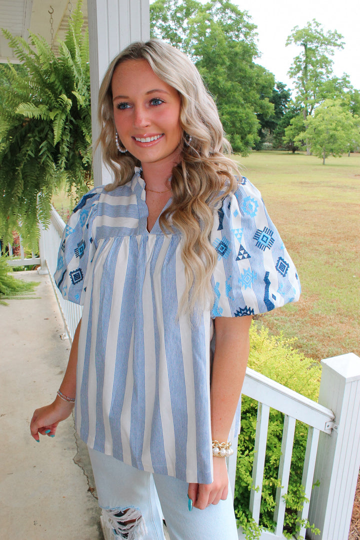 Blue and Beige Embroidered Top