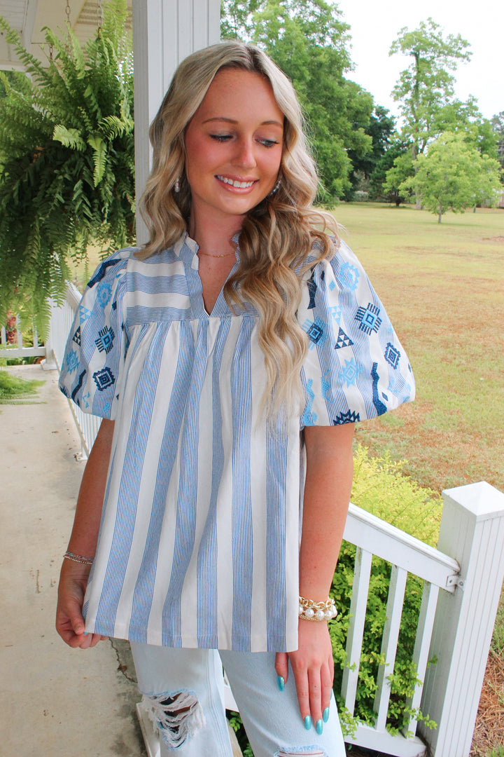 Blue and Beige Embroidered Top