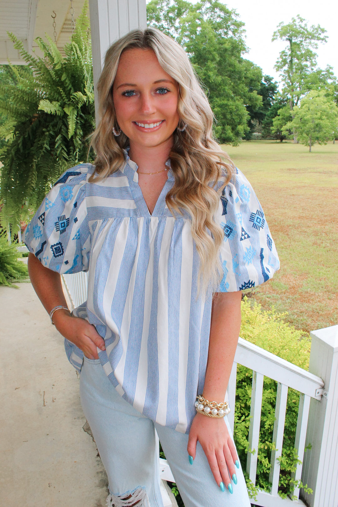 Blue and Beige Embroidered Top