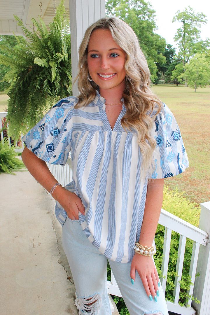 Blue and Beige Embroidered Top