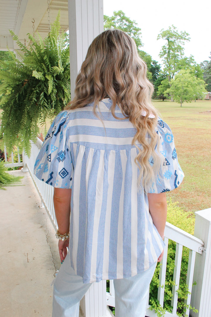 Blue and Beige Embroidered Top