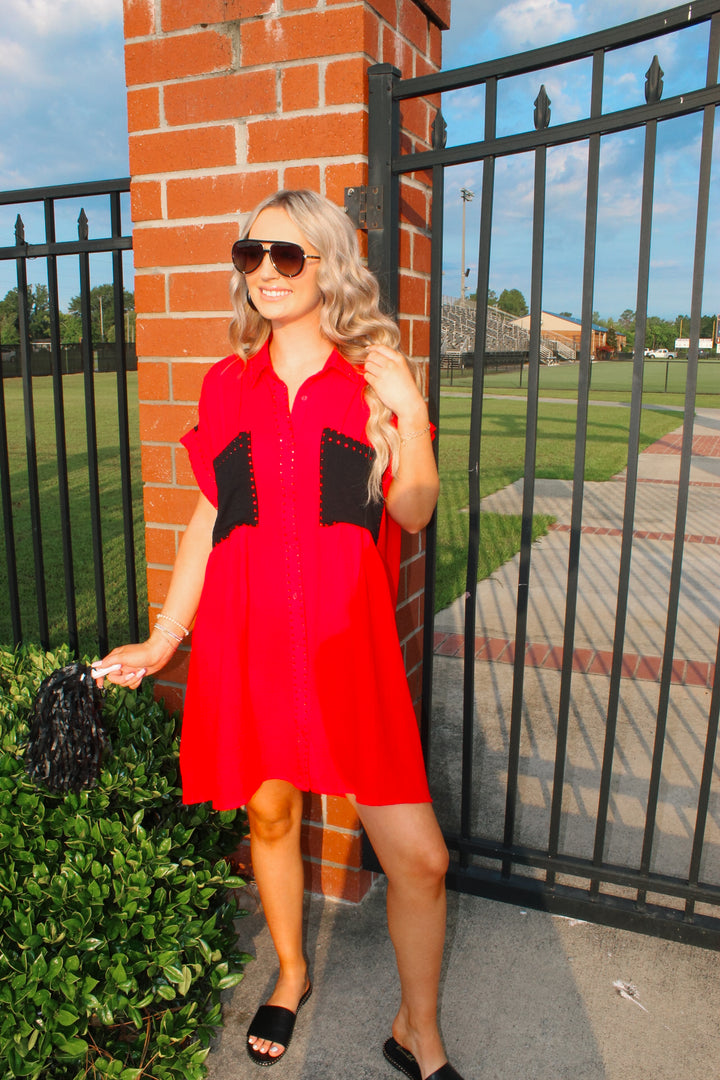 Red/Black Rhinestone Colorblock Dress