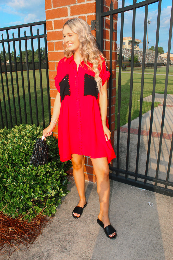 Red/Black Rhinestone Colorblock Dress