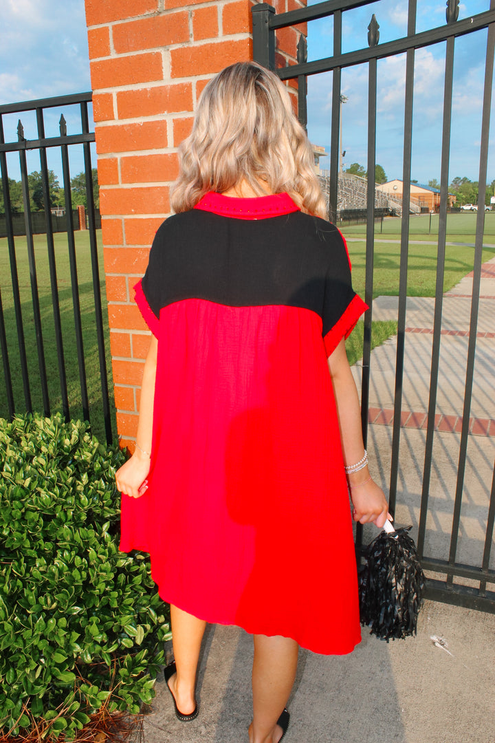 Red/Black Rhinestone Colorblock Dress