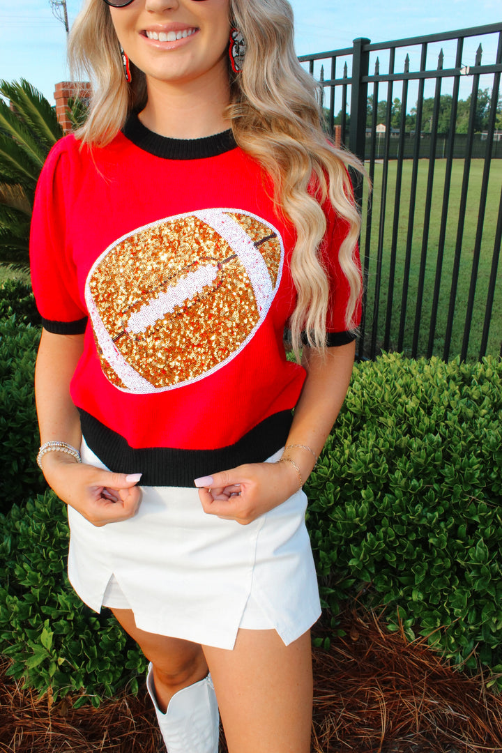 Football Sequin Puff Sleeve Colorblock Top "Red/Black"