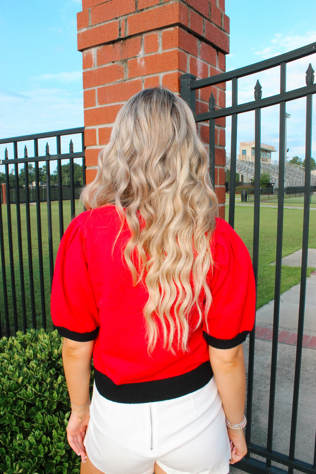 Football Sequin Puff Sleeve Colorblock Top "Red/Black"