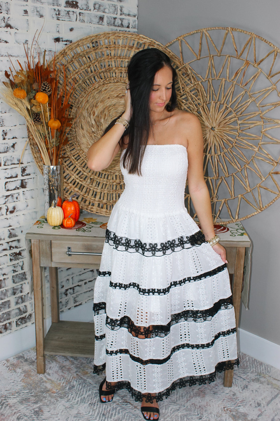 Evening Elegance Eyelet Midi Dress "White/Black"