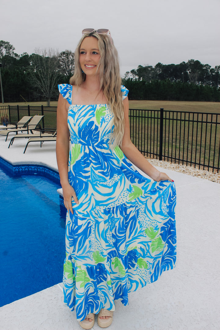 Tropical Feels Maxi Dress "Ivory Blue"