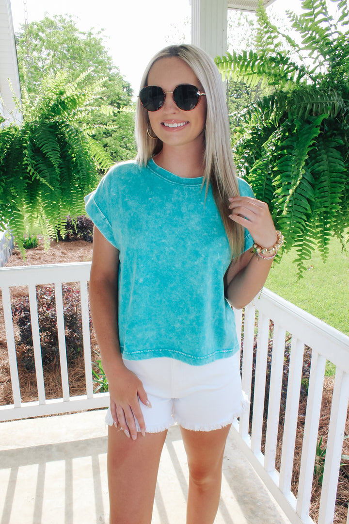 Washed Cotton Cuffed Top "Light Teal"