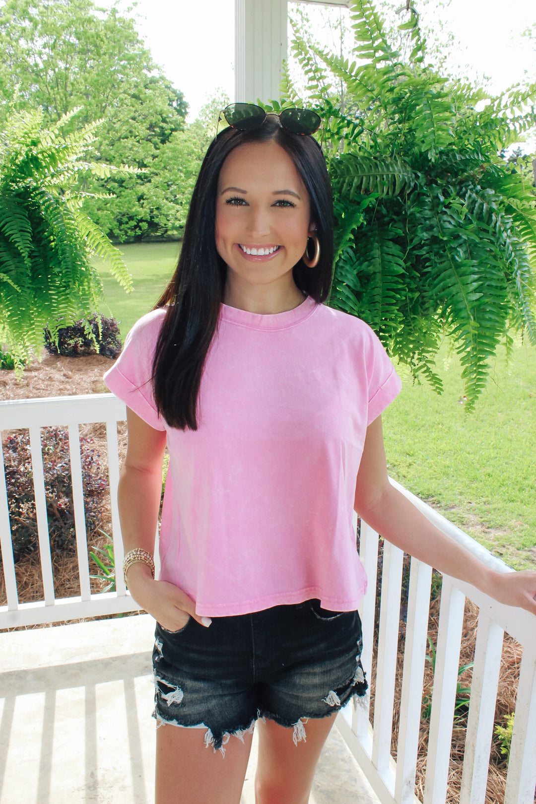 Washed Cotton Cuffed Top "Candy Pink"