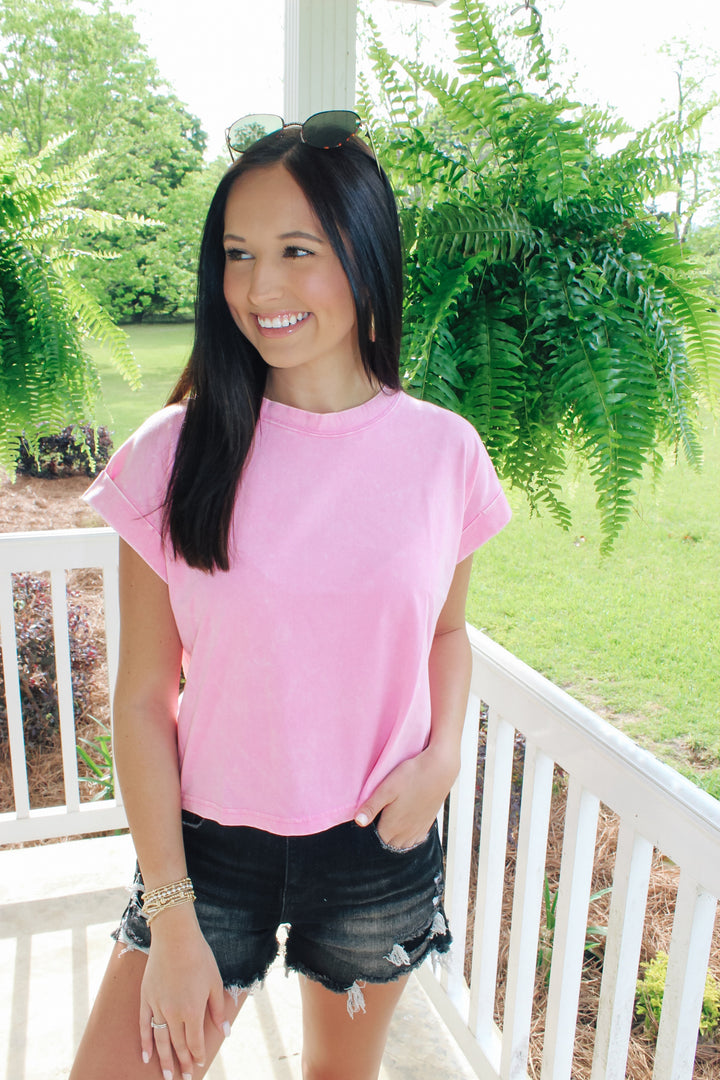 Washed Cotton Cuffed Top "Candy Pink"