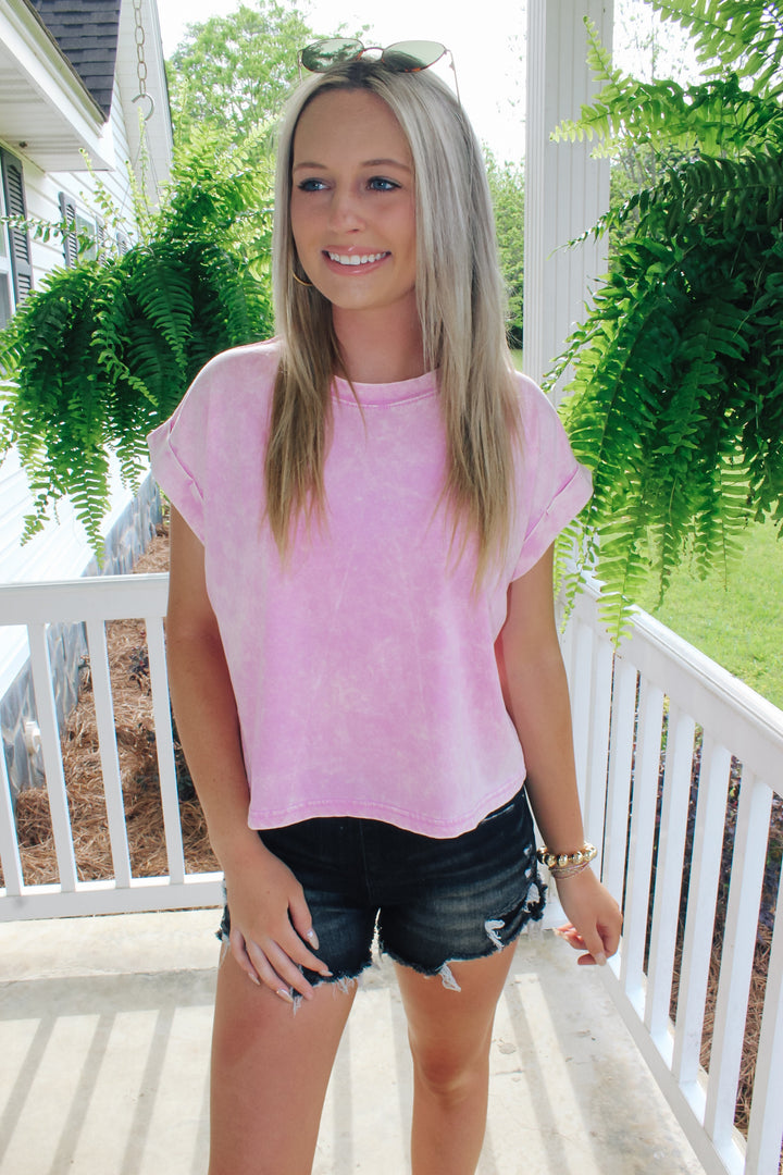 Washed Cotton Cuffed Top "Mauve"