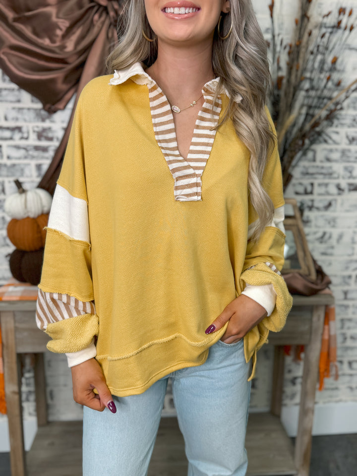 French Terry Knit Colorblock Top "Mustard/Cream"