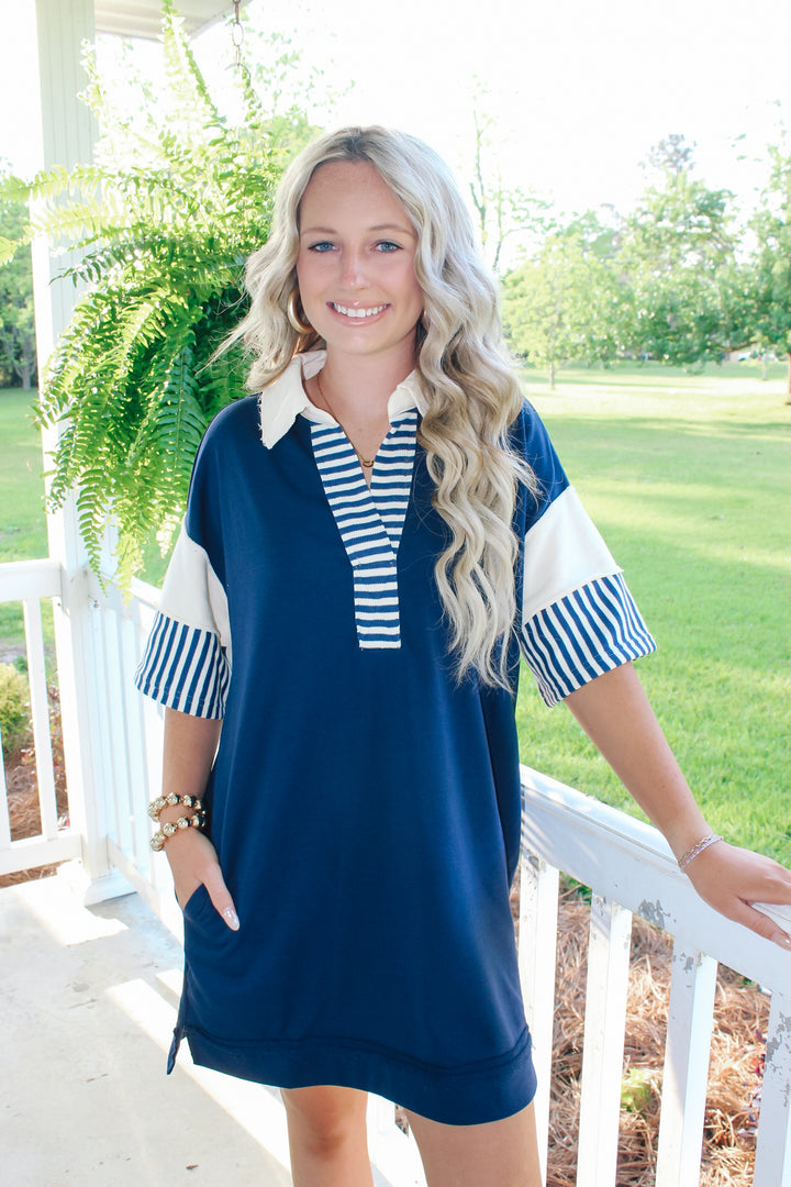 Stripe/Colorblock Mini Dress "Navy"