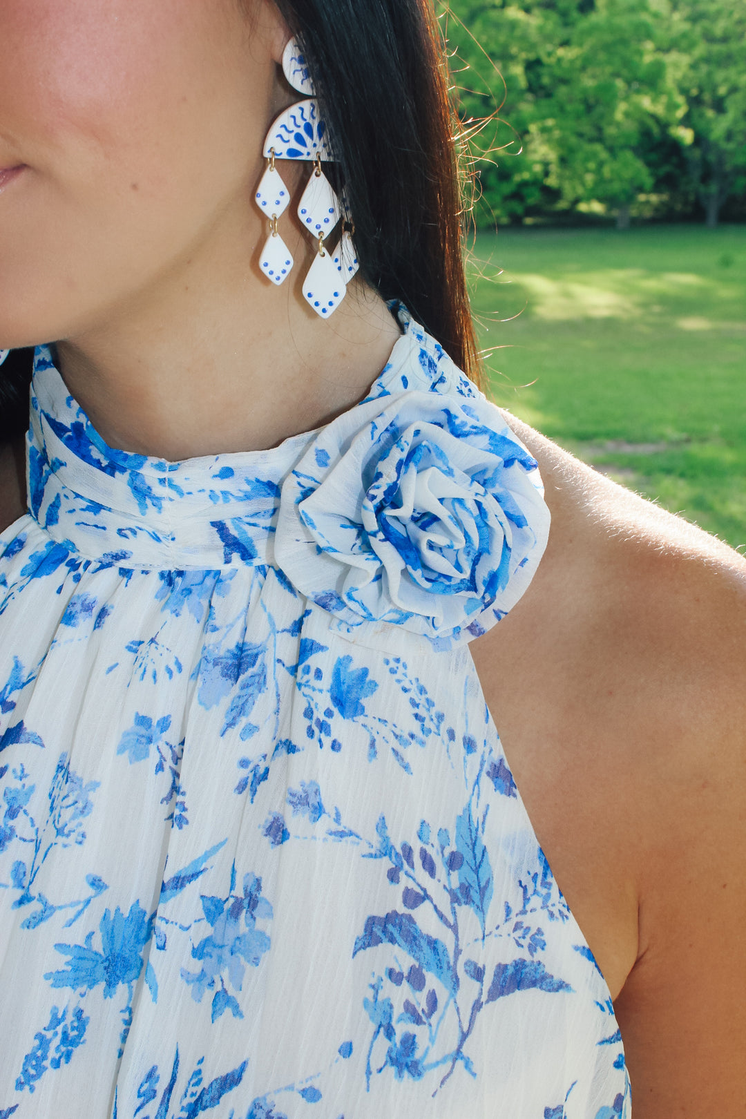 French Blue Pleated Detail Halter Neck