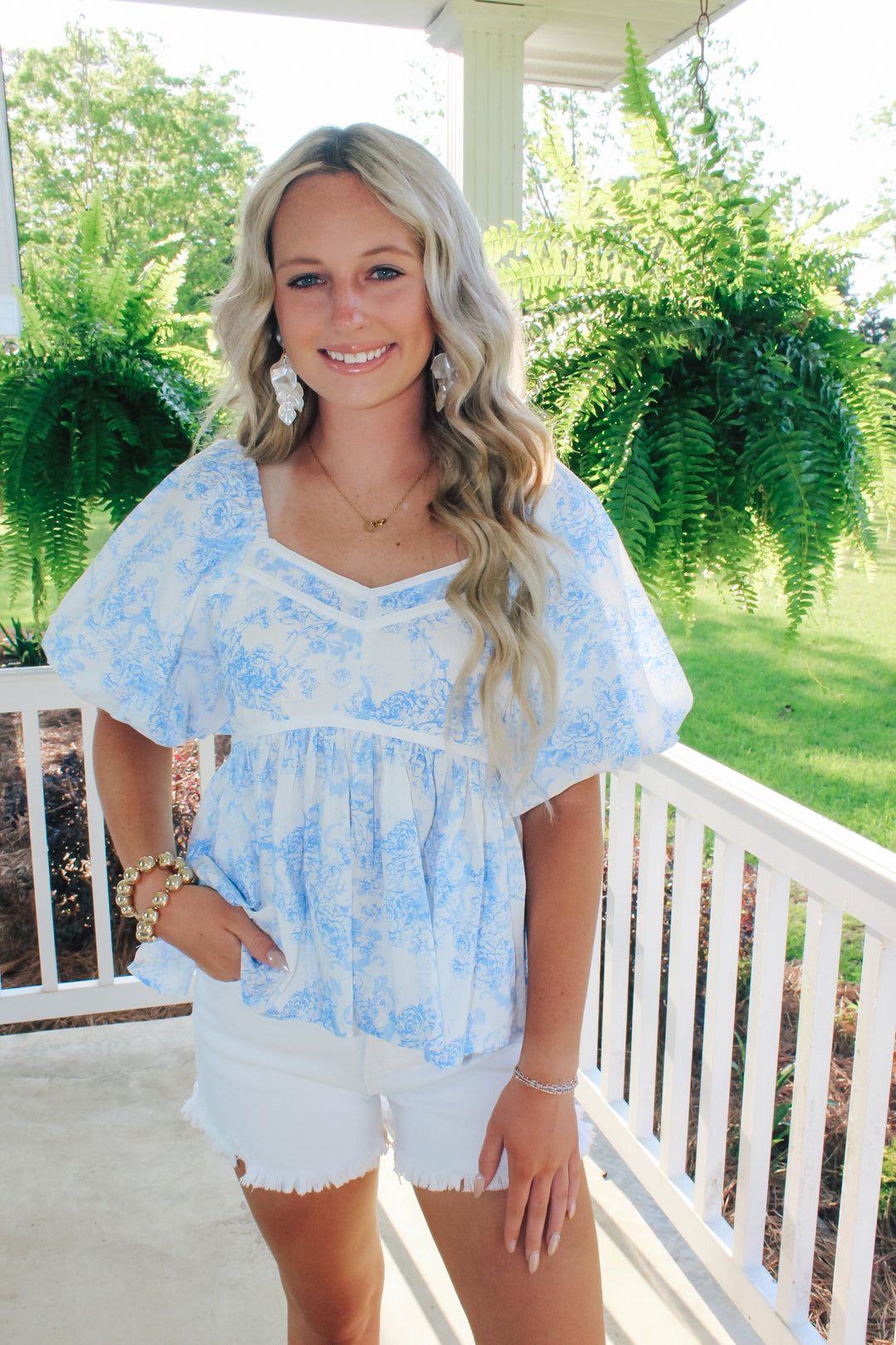 Blue and White Puff Sleeve Top