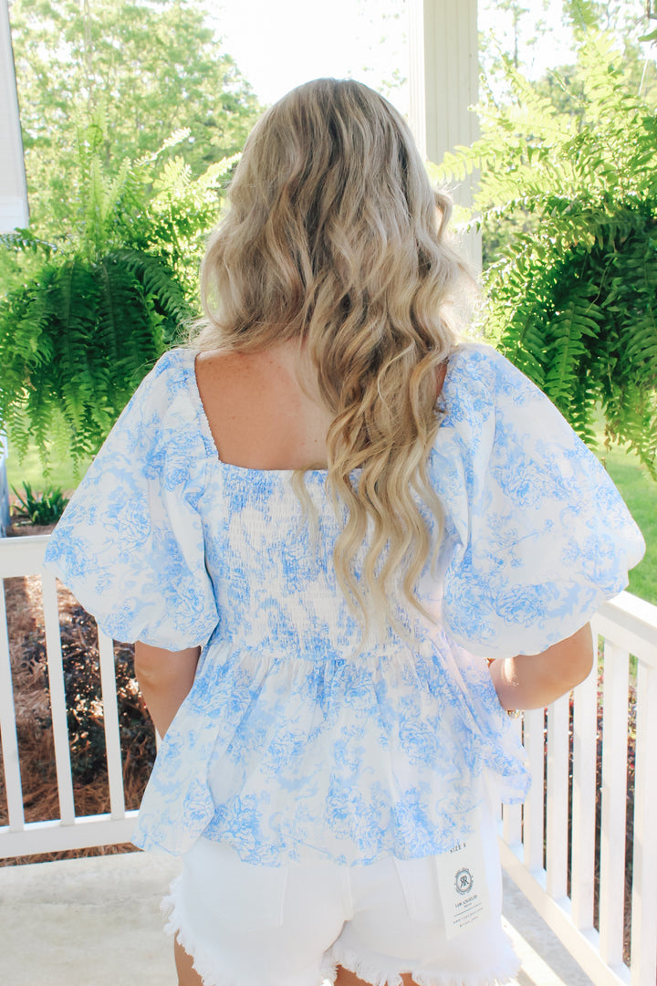 Blue and White Puff Sleeve Top