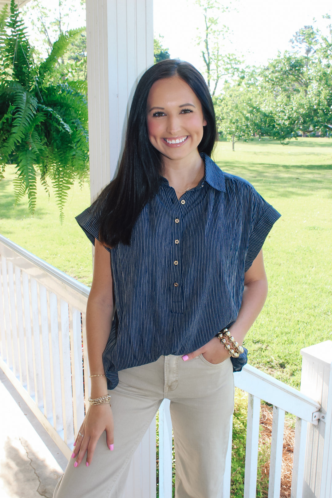 Navy Stripe Button Top