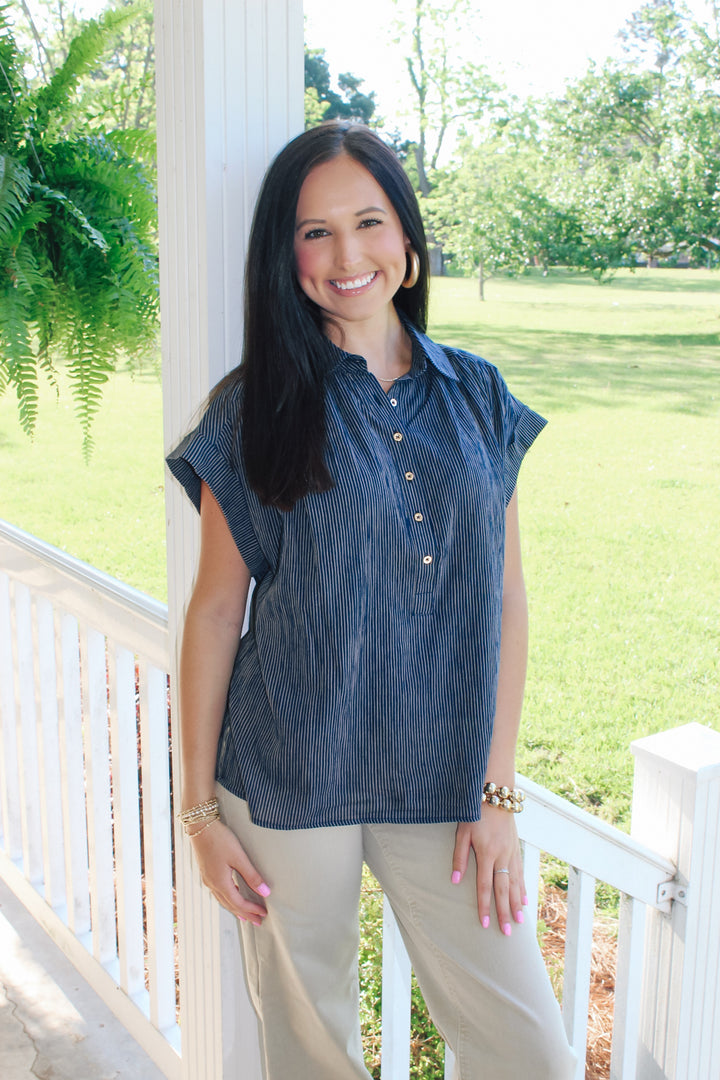 Navy Stripe Button Top