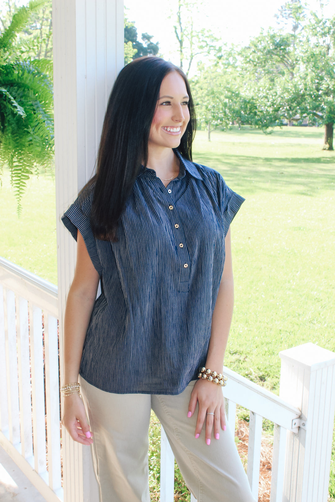 Navy Stripe Button Top