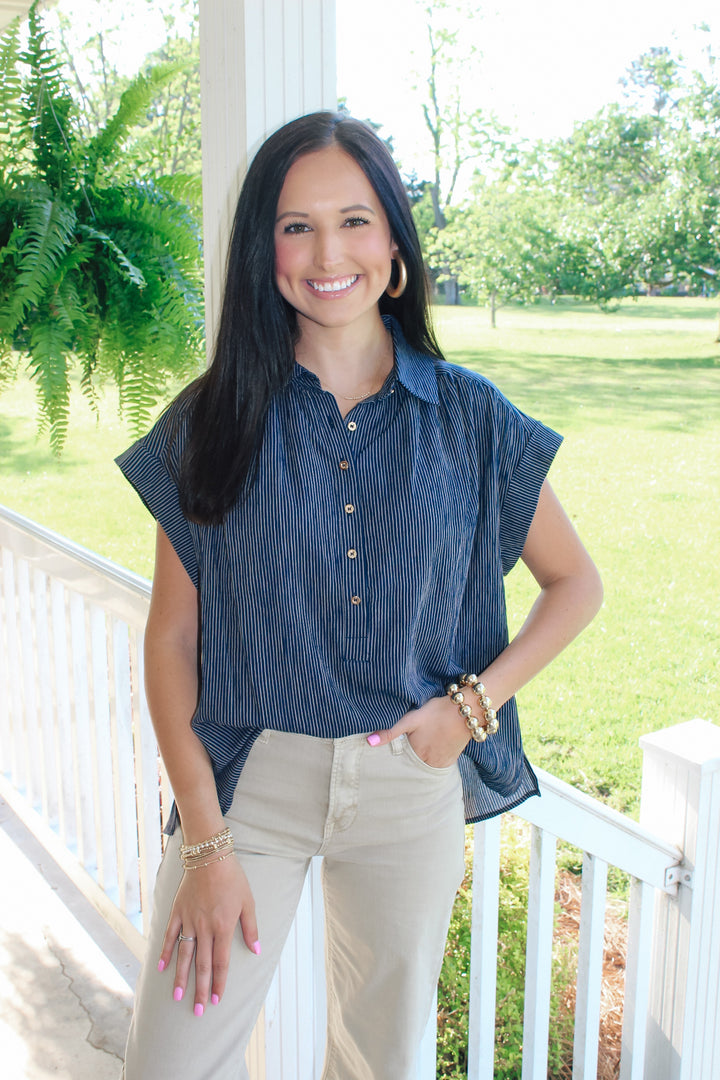 Navy Stripe Button Top