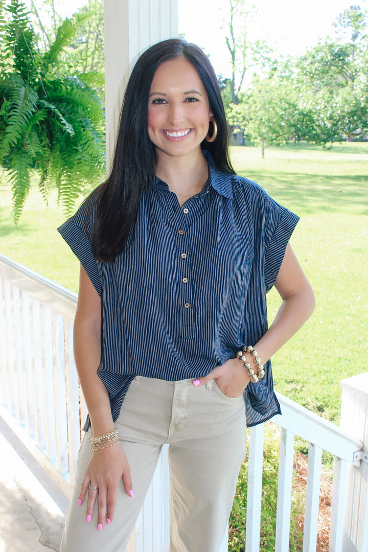 Navy Stripe Button Top