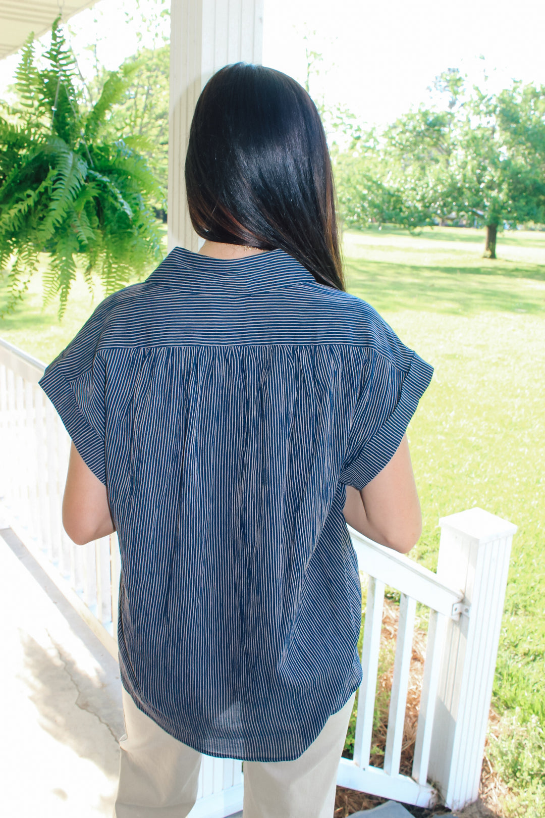 Navy Stripe Button Top