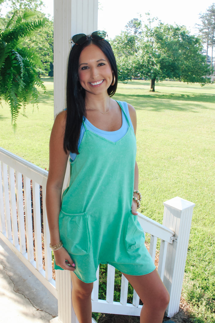 Casual Sleeveless Washed Knit Romper "Green"
