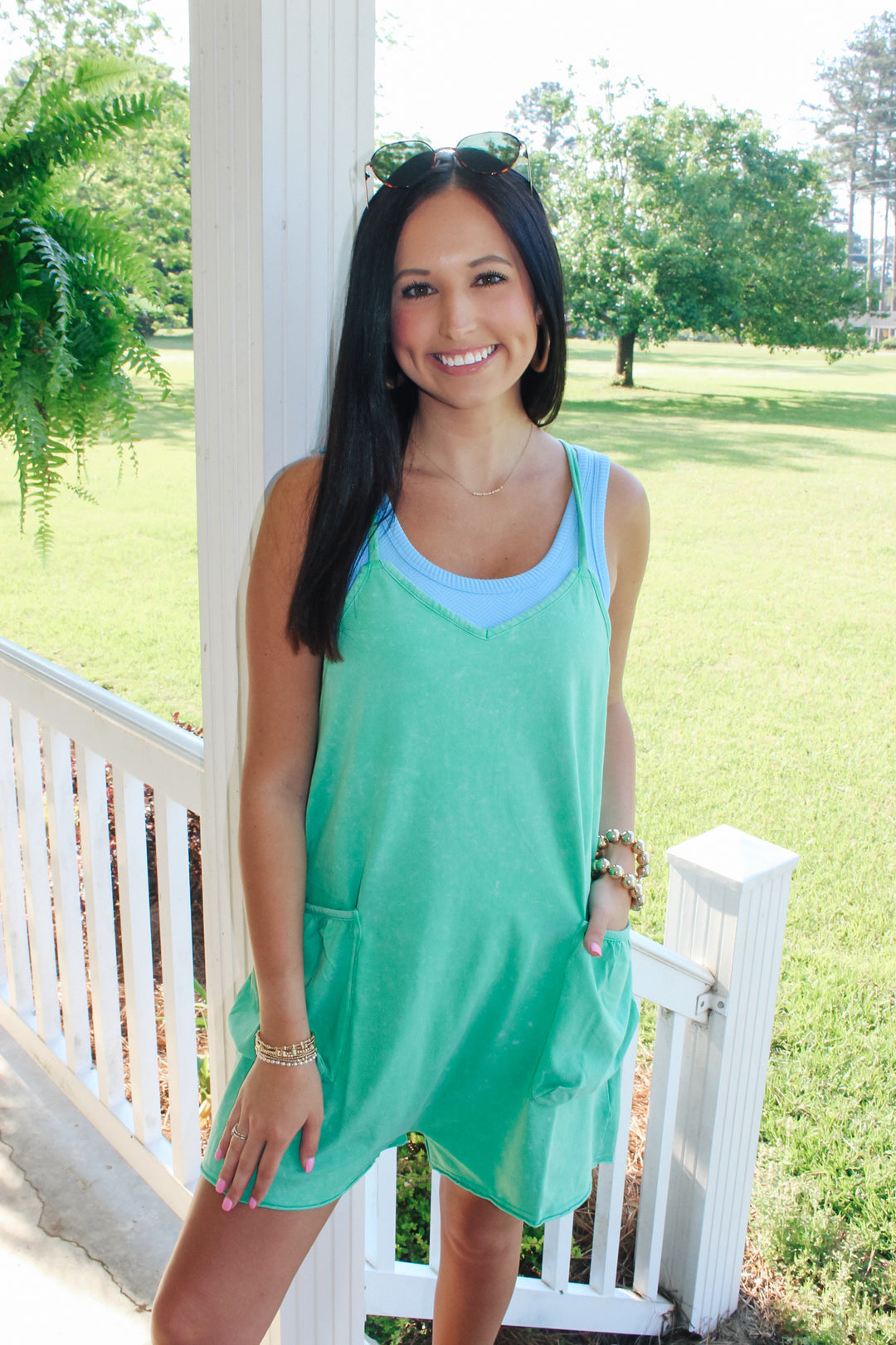 Casual Sleeveless Washed Knit Romper "Green"