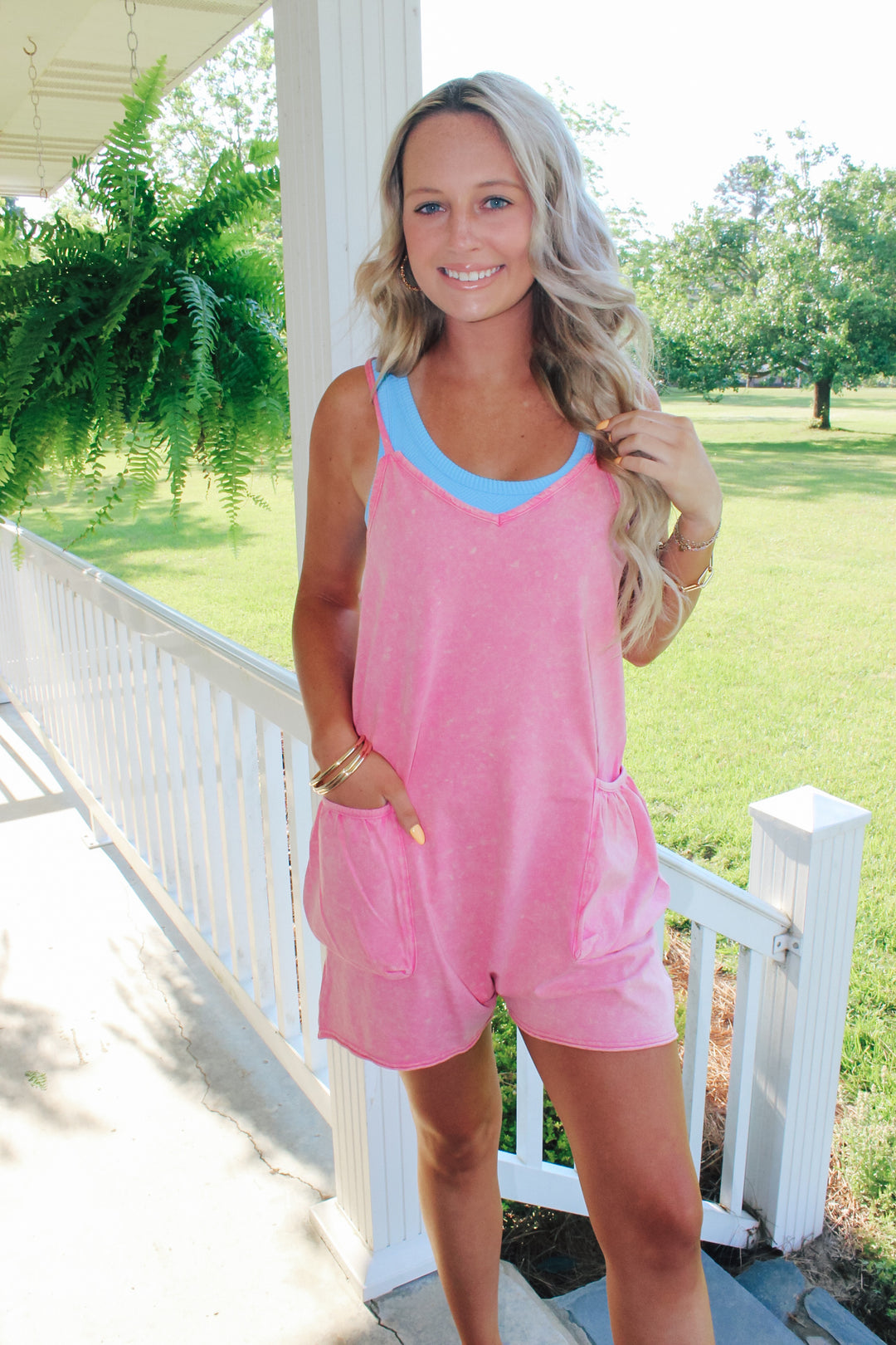 Casual Sleeveless Washed Knit Romper "Pink"
