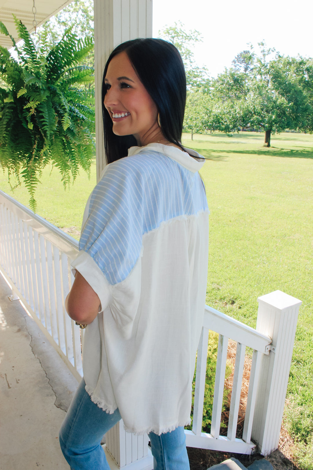 Sunny Style Button Top "Off White/Baby Blue"