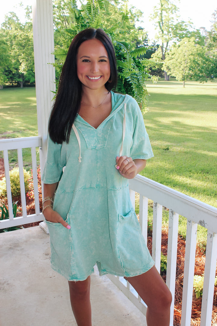 Mineral Wash Hoodie Romper "Mint"