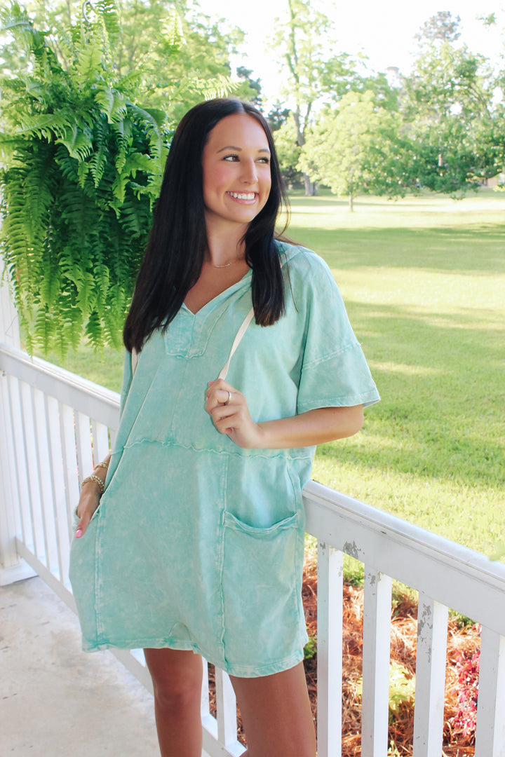 Mineral Wash Hoodie Romper "Mint"