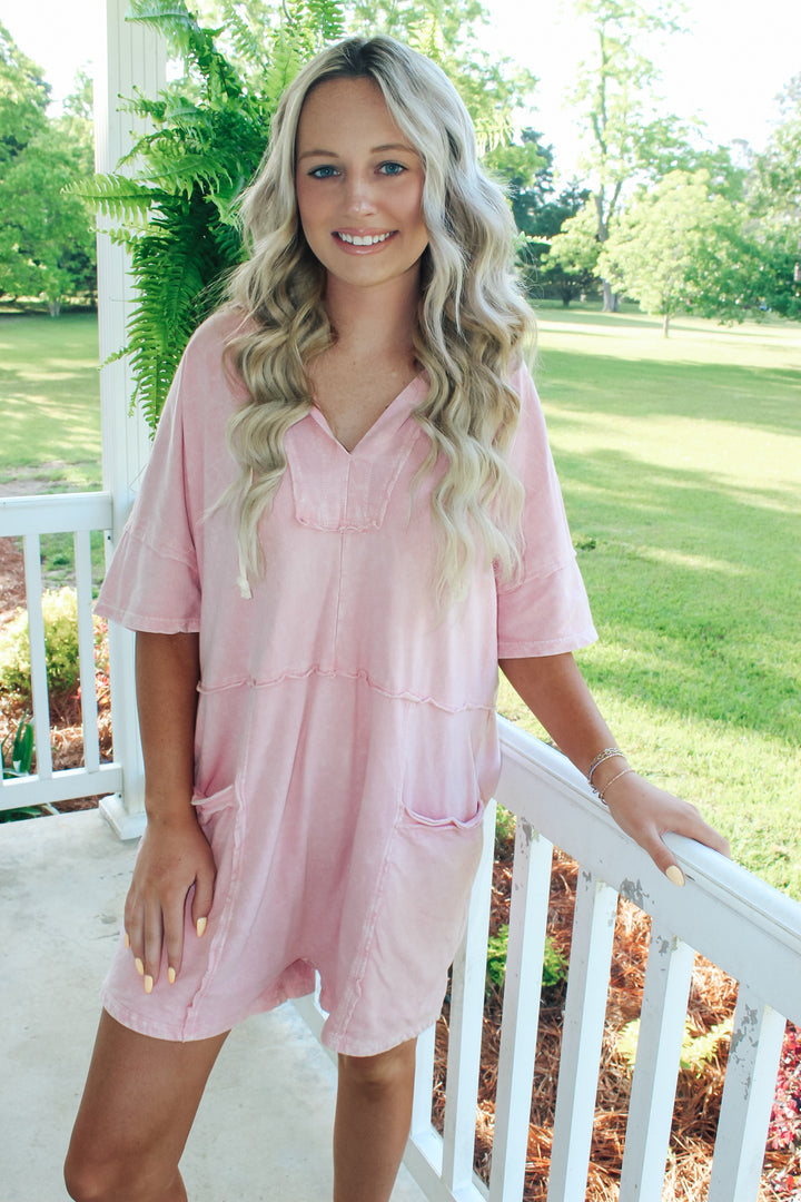 Mineral Wash Hoodie Romper "Sweet Pink"