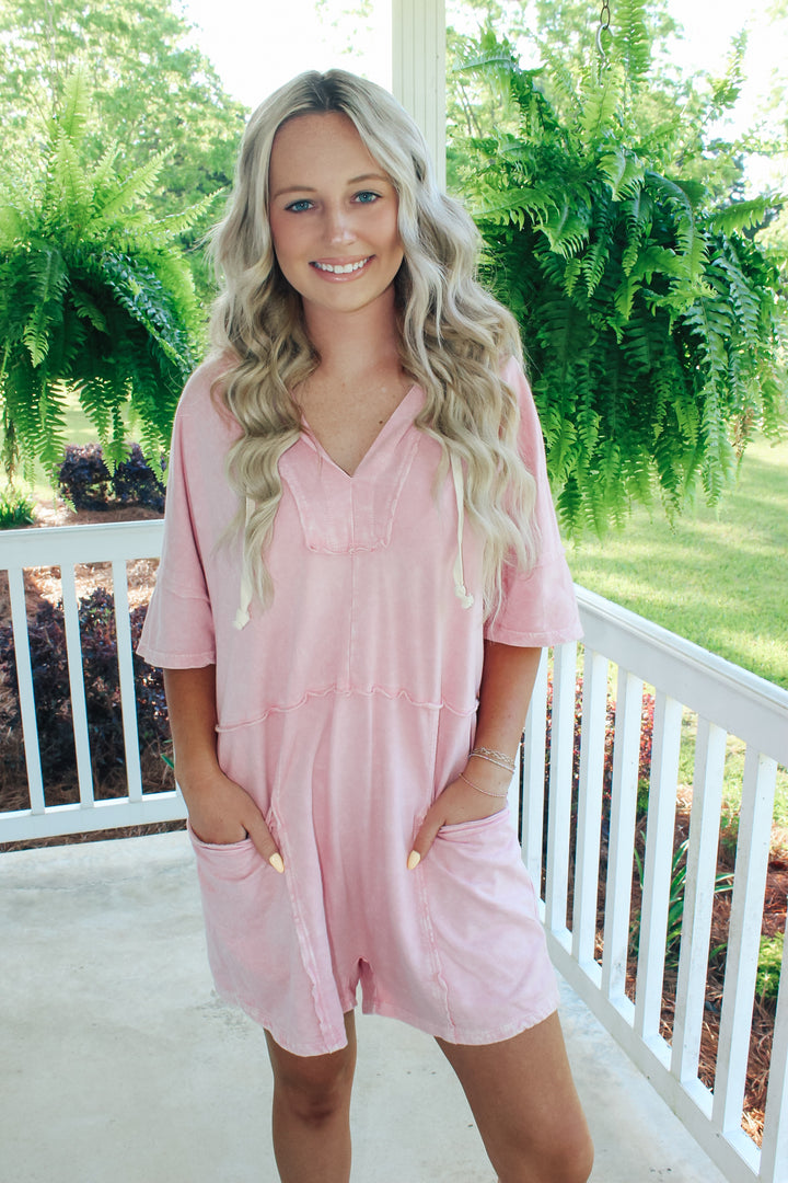 Mineral Wash Hoodie Romper "Sweet Pink"