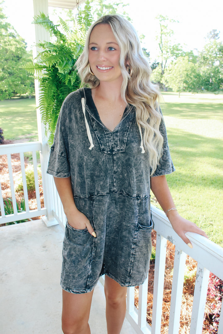 Mineral Wash Hoodie Romper "Ashed Black"