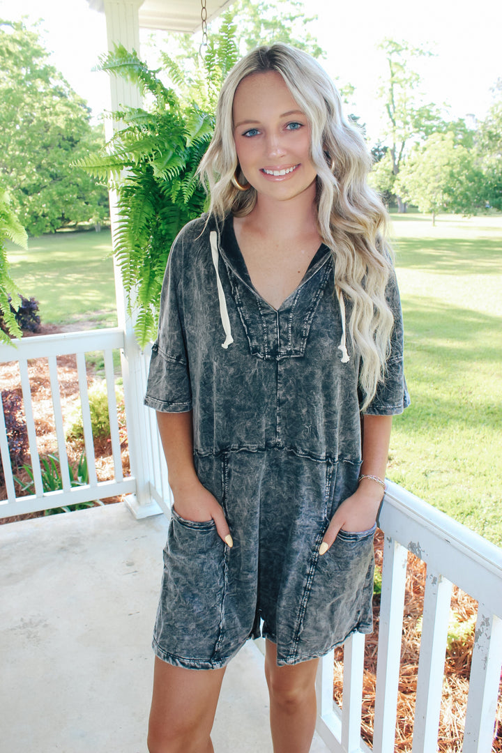 Mineral Wash Hoodie Romper "Ashed Black"