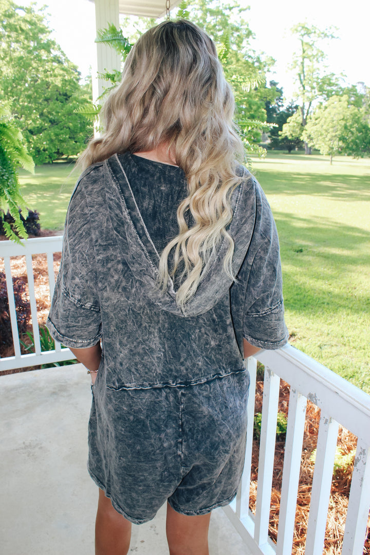 Mineral Wash Hoodie Romper "Ashed Black"